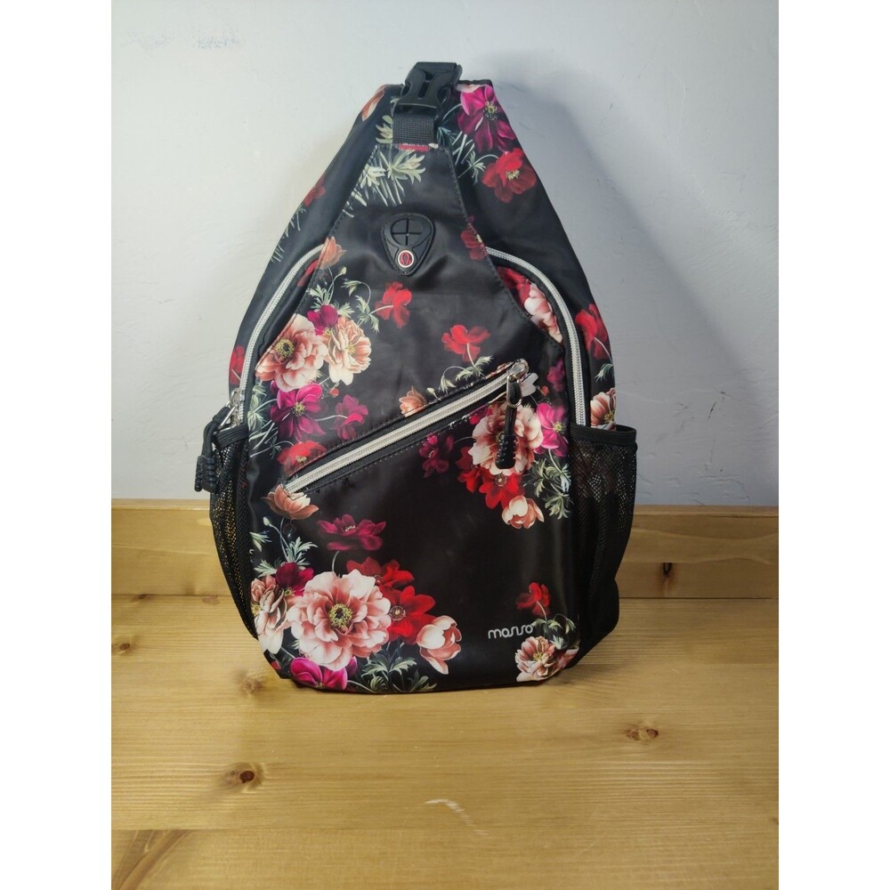 Mosiso Black Sling Crossbody Travel Backpack Multi-Purpose Bag Roses 15x10x3"